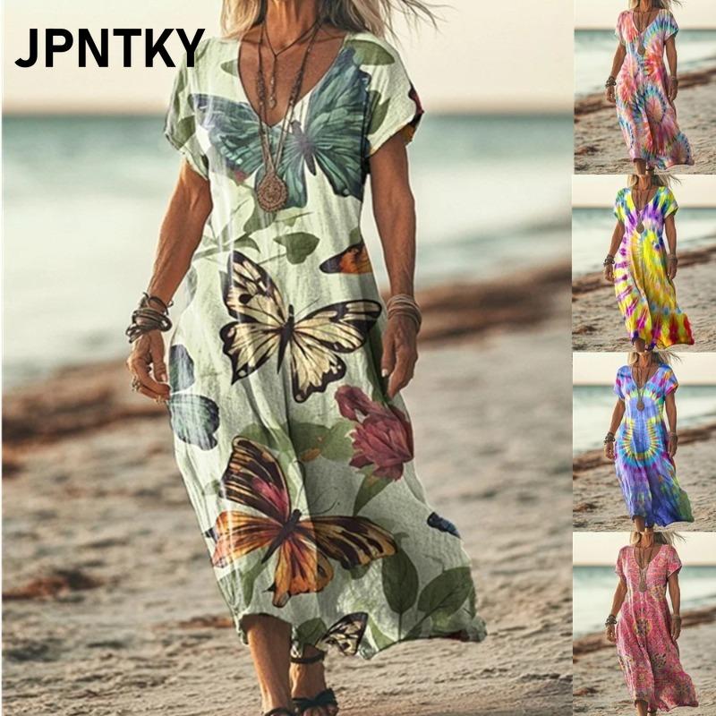 JPNTKY Moda Estiva Primaverile Manica Corta Scollo a V Abiti Casual