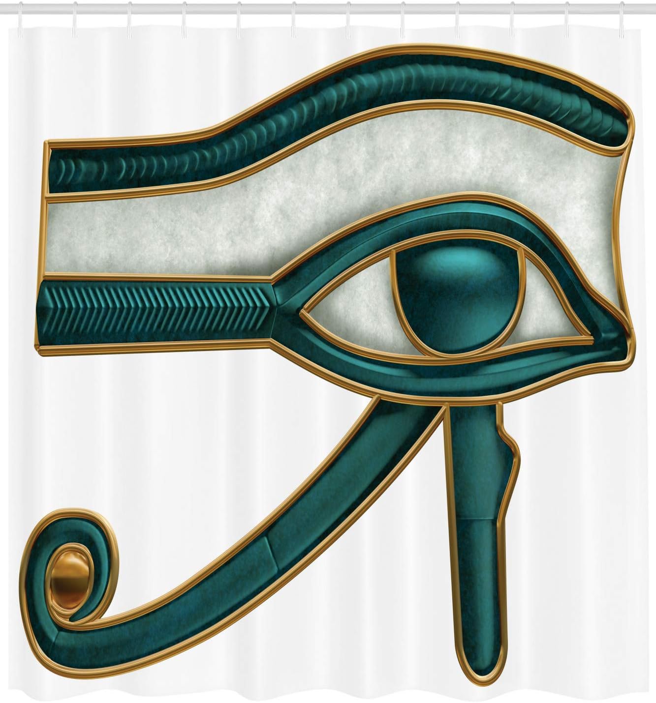 

Egyptian Eye of Horus Shower Curtain with Hooks – Ancient Protection Symbol, Emerald Green & Gold Bathroom Decor 90x180cm35x71in
