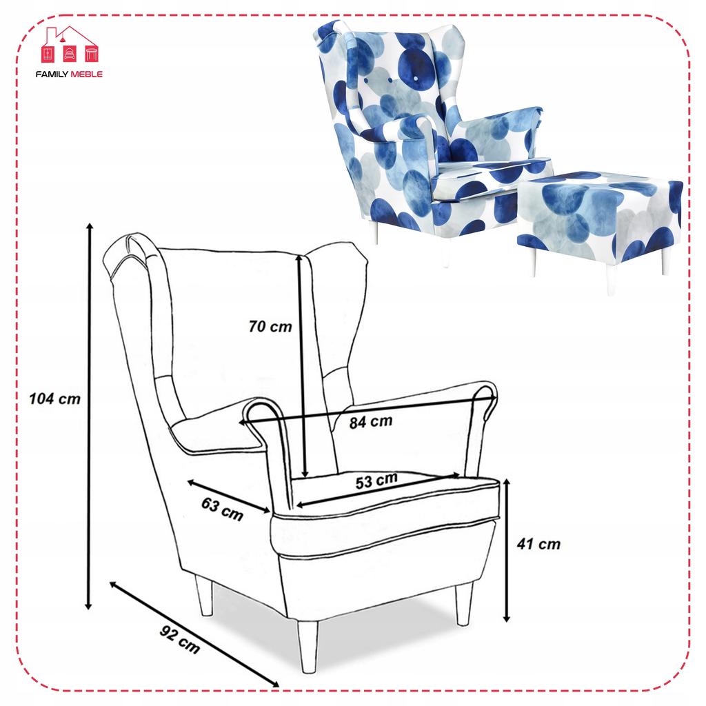 ARI PRINT Wing Chair with Footrest, Scandinavian Family Meble Blue Pas