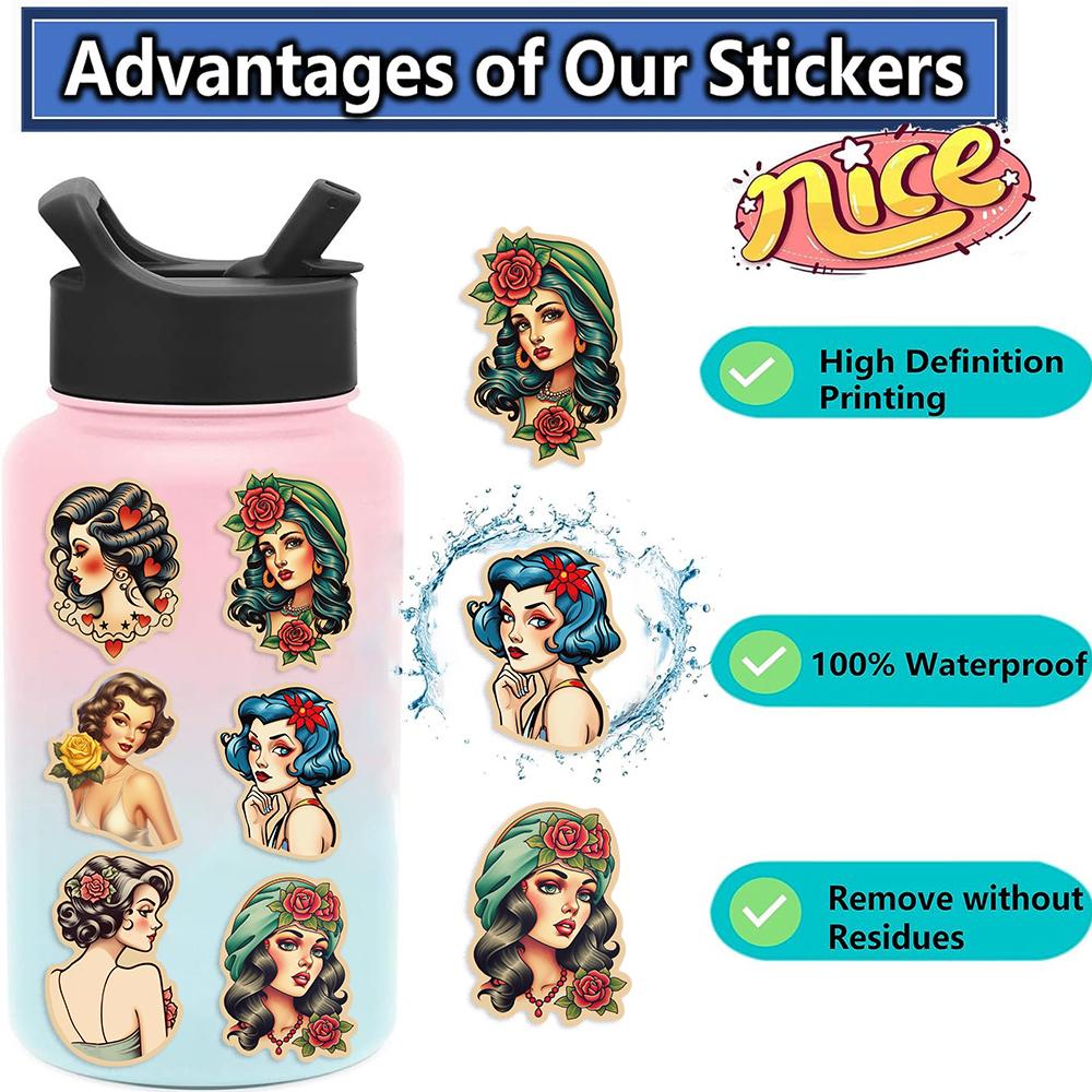 50PCS European and Retro Women Girl Sticker Graffiti DIY Car Refrigerator Skateboard Motorcycle Waterproof Sticker