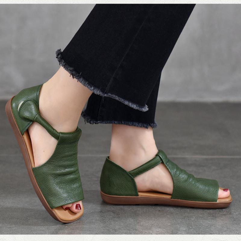 Johnature Peep Toe Flat Sandals Retro Genuine Leather Comfortable Soft Sole Versatile Women's Shoes