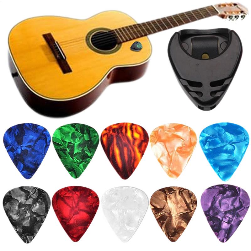 10X Guitar Picks & Guitar Pick Holder Set For Acoustic Guitar Electric Guitar Bass Ukulele Stick-on Holder (Random Color)