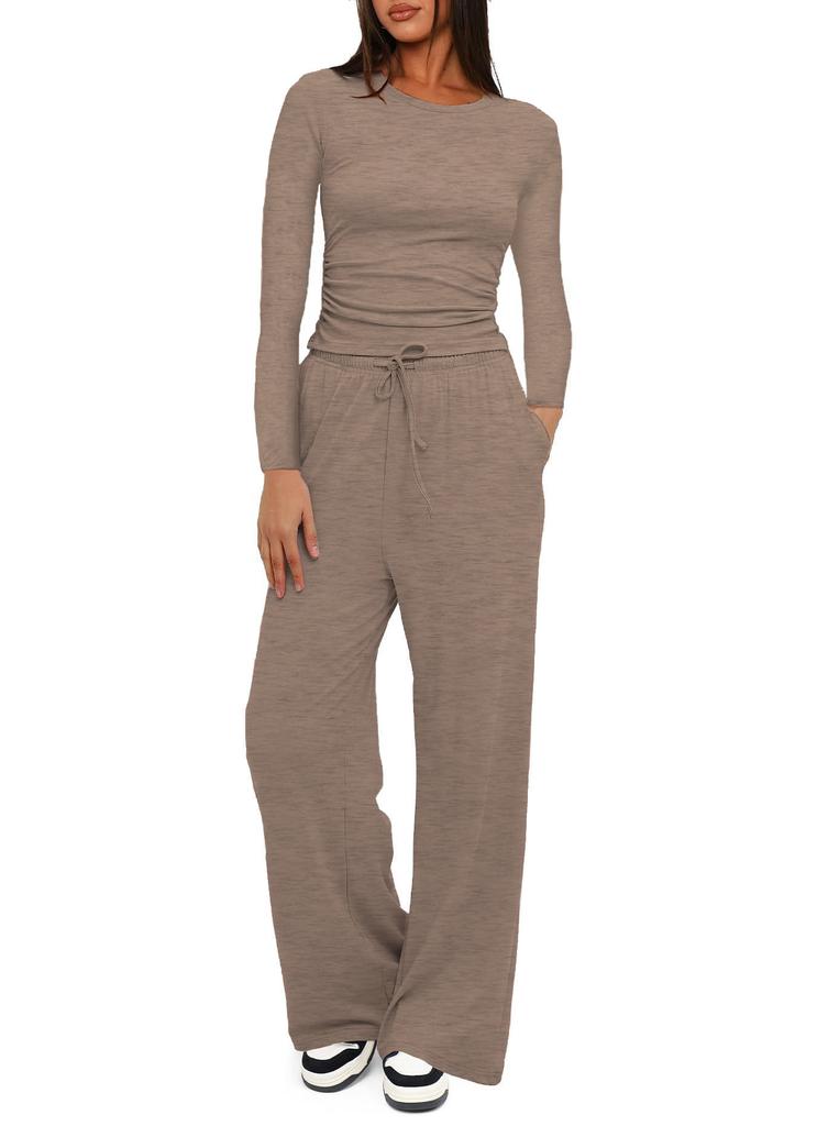 2026 Spring New Athletic Set Women Casual Long Sleeve Top High Waist Wide Leg Pants 2 Piece Outfit