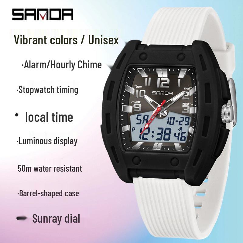 SANDA Men's Waterproof Luminous Sports Watch - Countdown & Multifunctional Barrel-Shaped Electronic Watch with Large Dial