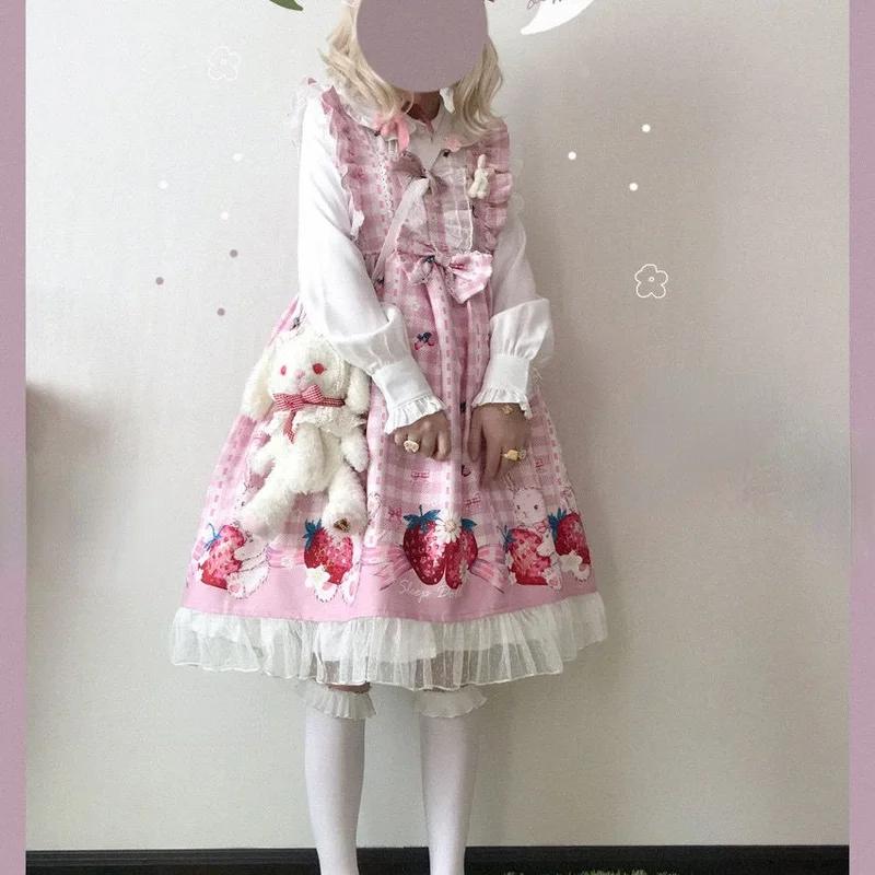 Japanese Lolita Dress Girls Strawberry Bunny Jsk Dresses Women Harajuku Sleeveless Cute Cosplay Vestido