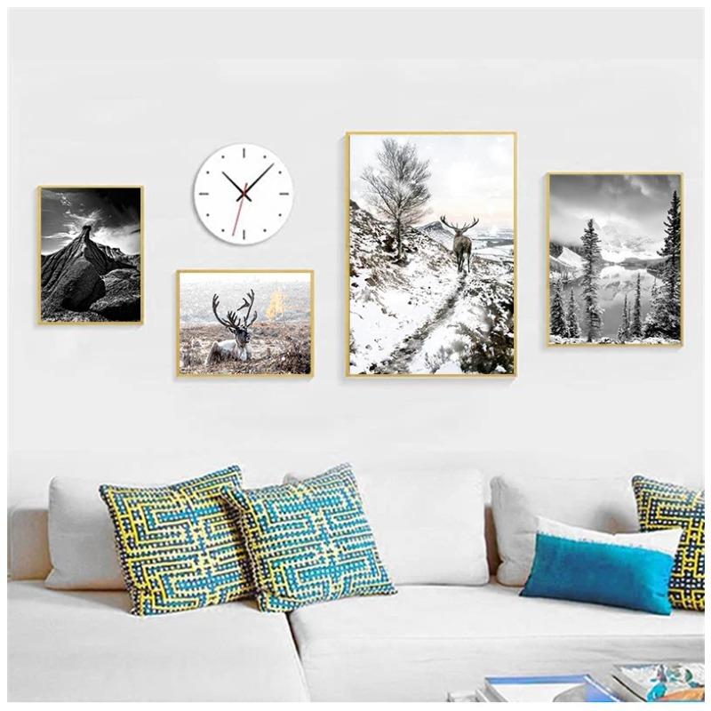 Scandinavian Nature Winter Landscape Poster Print Mountain Forest Canvas Painting Deer Wall Art Picture Nordic Style Home Decor