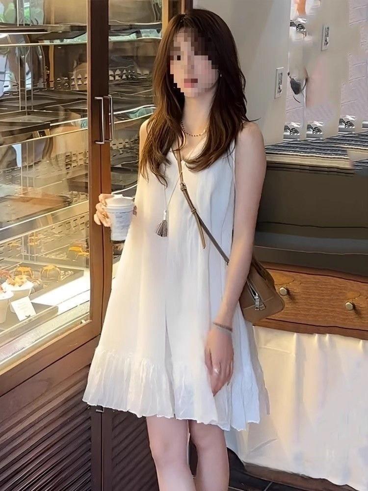Elegant White Sleeveless Dress With Ruffle Collar For Summer Casual Wear