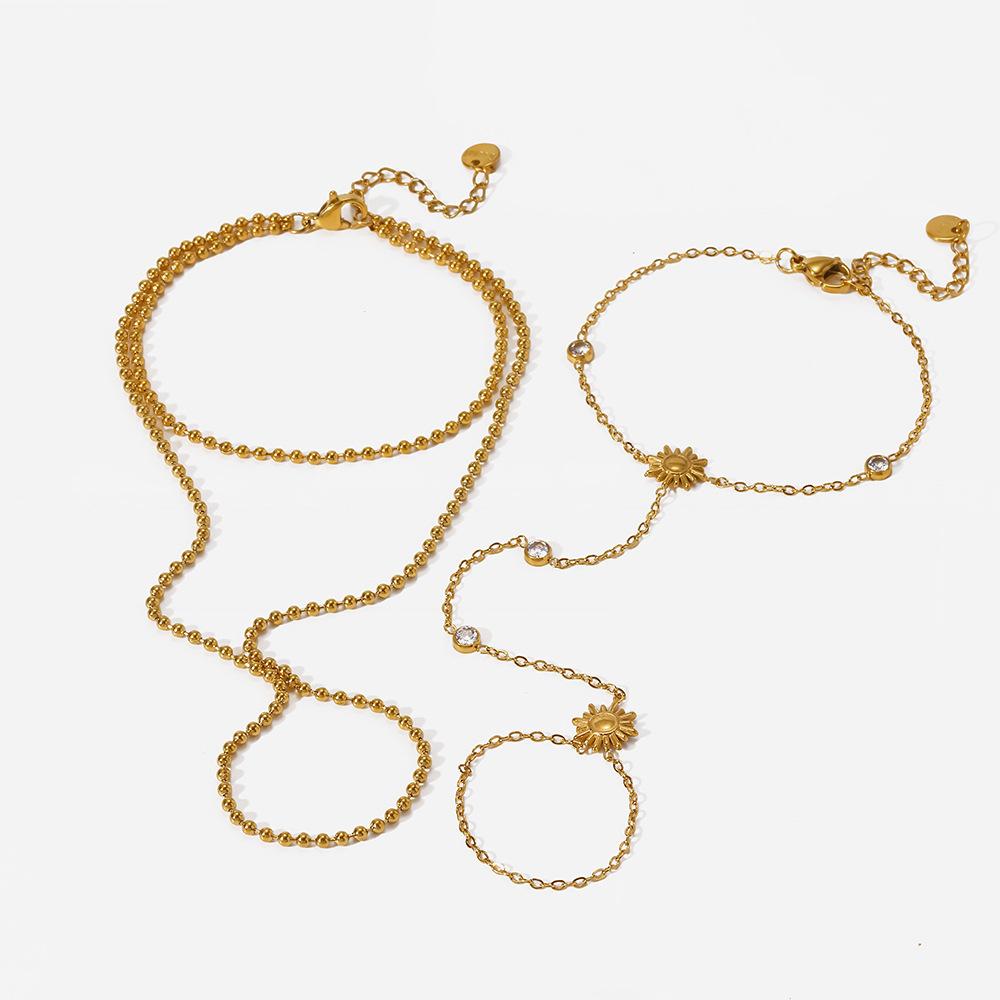European and American Sunflower Zircon Hand Back Chain Stainless Steel Plated 18K Gold Round Bead Niche Integrated Ring Bracelet