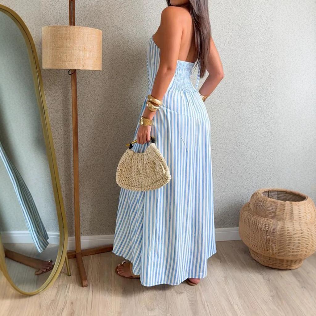 2026 New European and American Cross-border Women's Leisure Vacation Style Elegant Striped Neck Strap Backless Long Dress