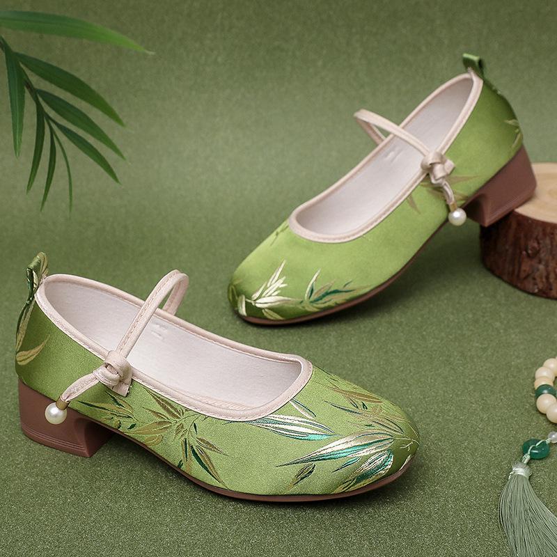 Women's Chinese Style Qipao Cloth Shoes – Round Toe, Low-Cut, Mid-Heel Dance Wedges