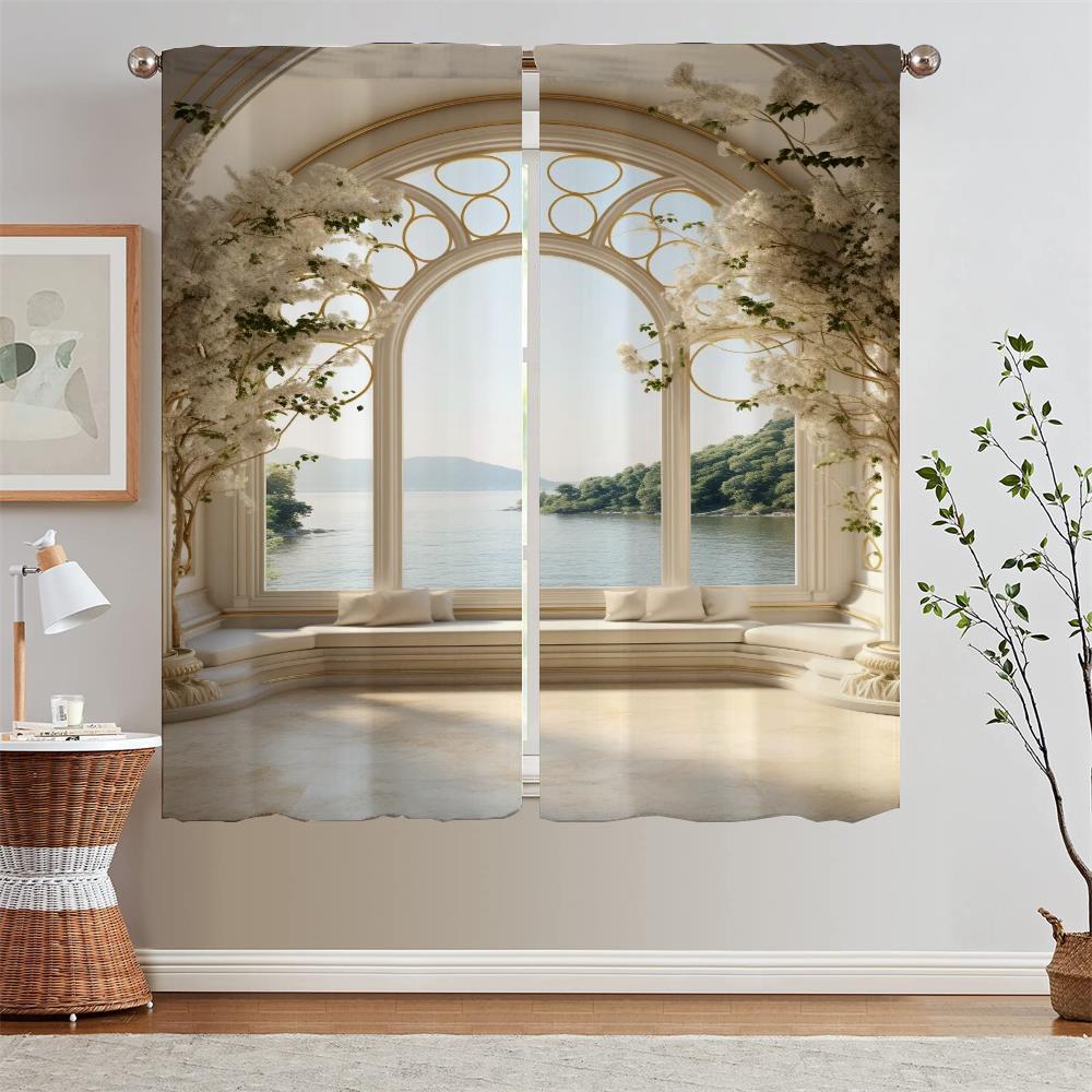 European Arch With Sea View Kitchen Curtain Tiebacks Elegant Room Curtains 2 Pcs Set Tulle for Living Room Decoration Blinds