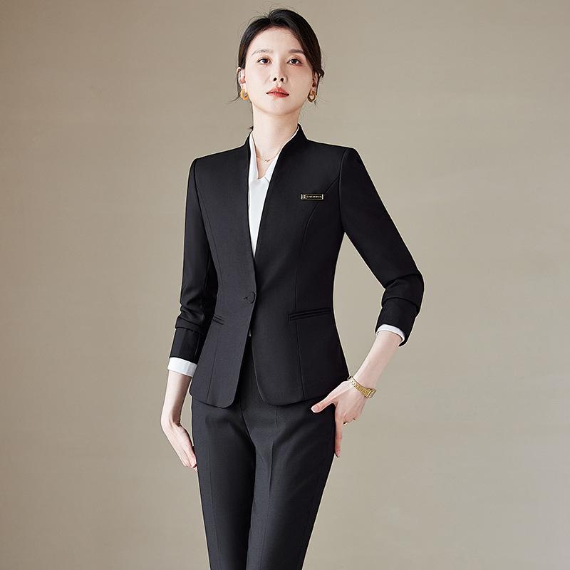 Women's Navy Blue Petite Suit Set for Spring/Autumn - Professional Dress for Interviews & Business