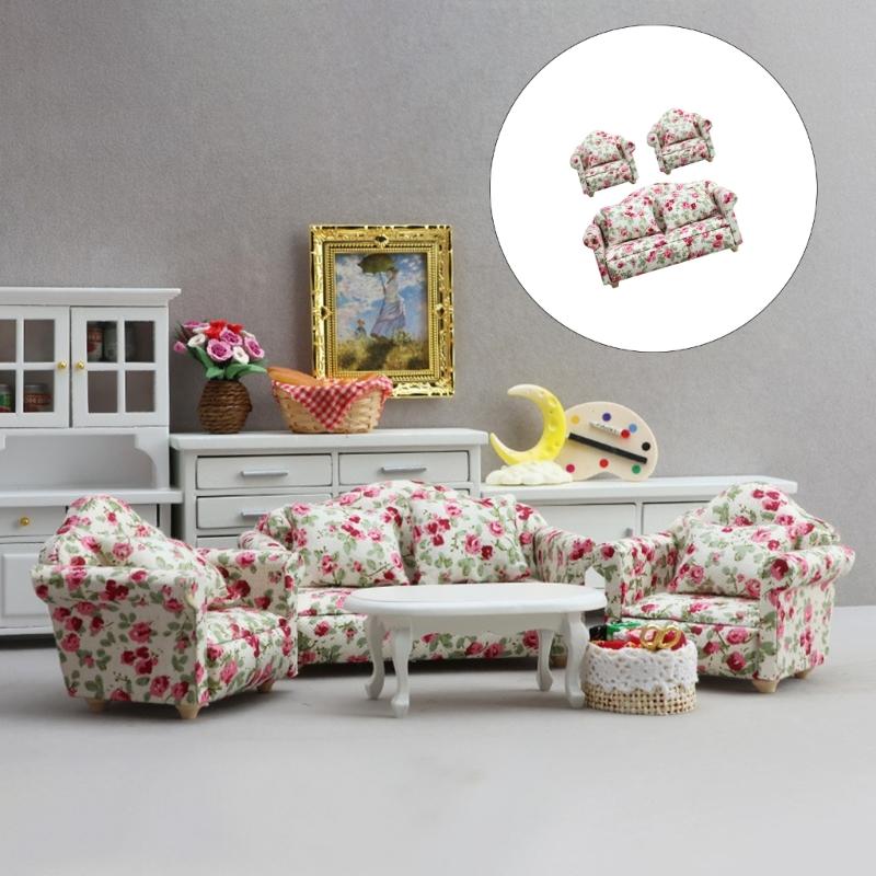 Living Room Sofa Set 1/12 Scale Wooden Base Cloth Covered Mini Furniture for Doll House Accessories and Collectibles