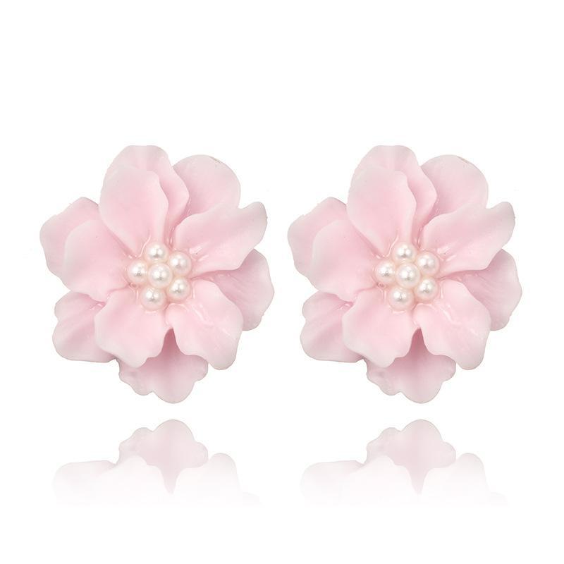 Big White Camellia Flower Imitation Pearl Stud Earring for Women Elegant Korean Sweet Resin Ear Wedding Party Jewelry