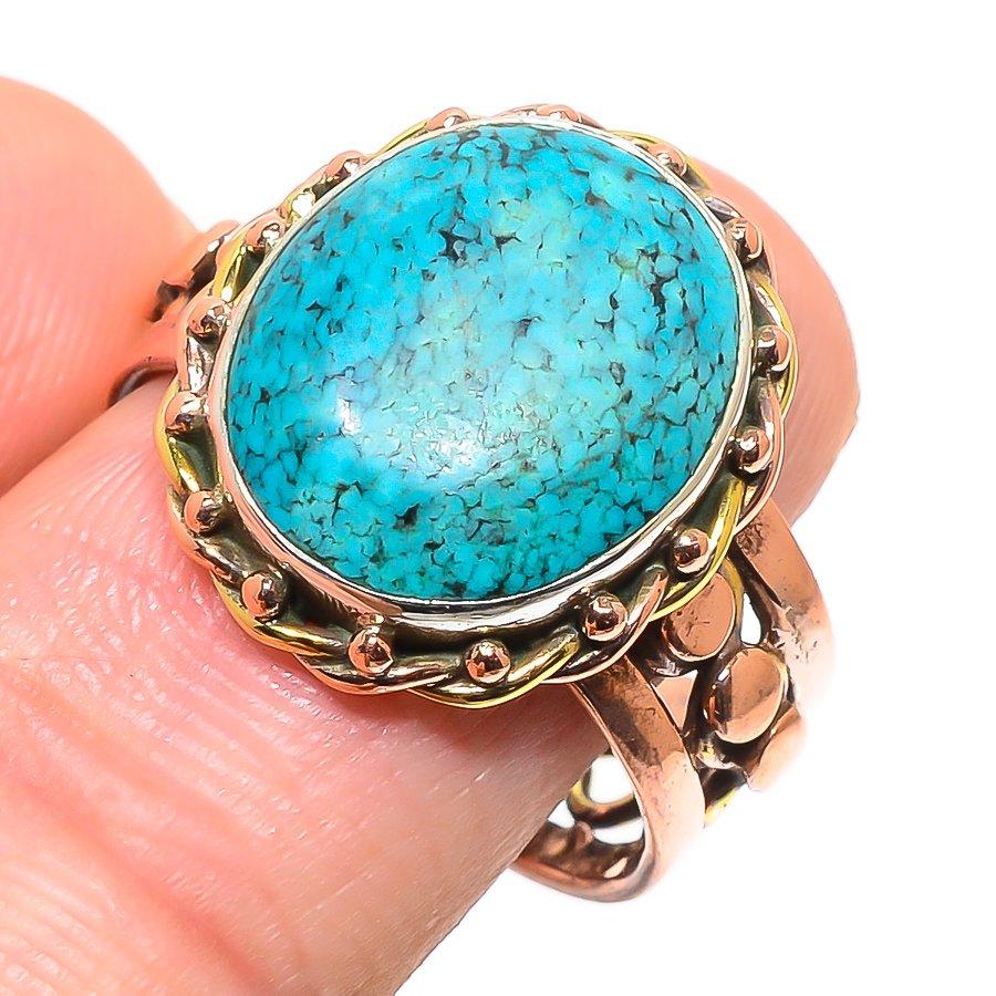 Natürlicher tibetischer Türkis, zweifarbig, 925er Sterlingsilber, Ringgröße 10 o0T53