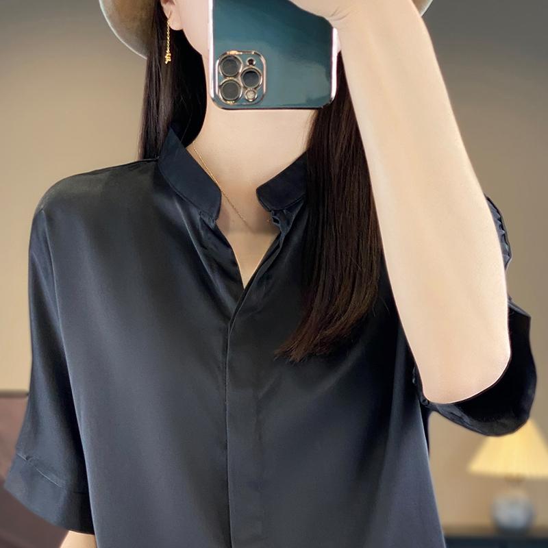 

Нова літня жіноча сорочка з короткими рукавами з шовкового шовку шовку, 50% шовку, дихаюча вільна повсякденна сорочка для приміських поїздок M чорний