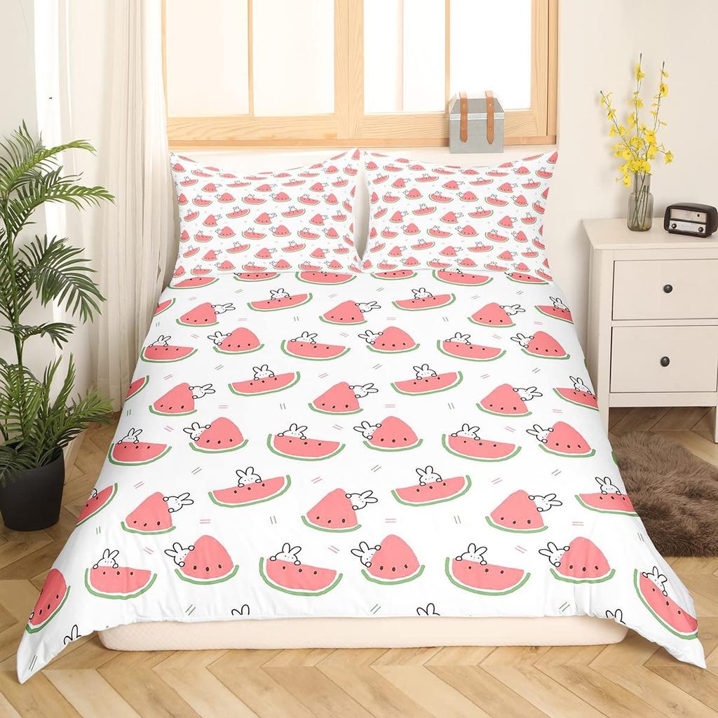 Rabbit Print Kids Girls King Queen Duvet Cover Cartoon Pink Little Bunny Comforter Cover Animal Floral Polyester Bedding Set