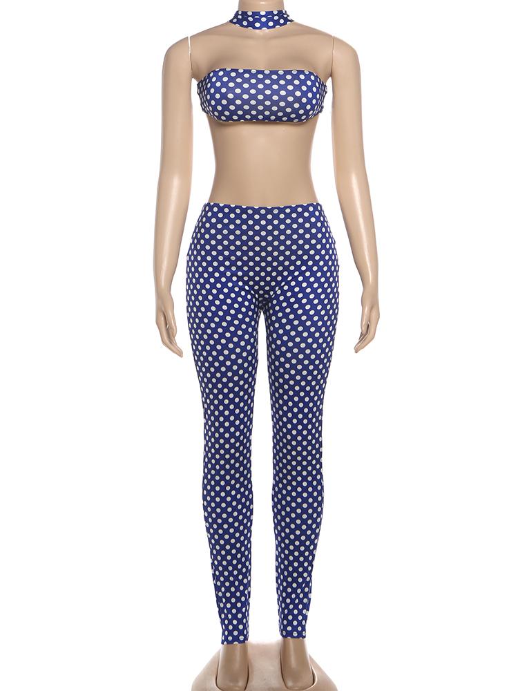 Sexy Fashion 2 Piece Set Woman Polka Dot Print Irregular Halter Backless Tank Tops+Skinny Long Pants Street Suit