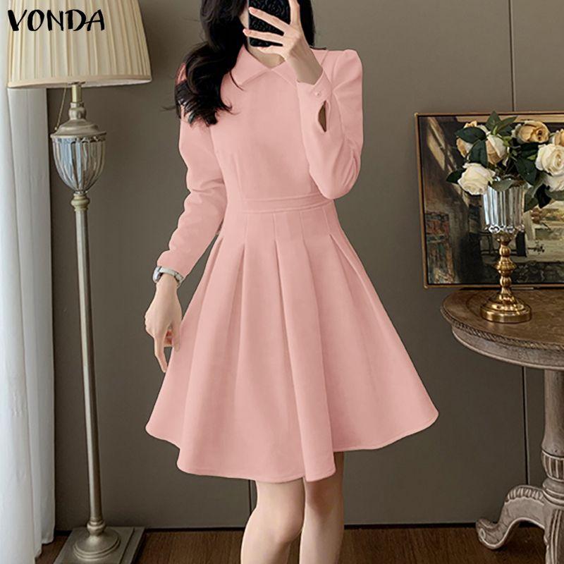 VONDA Women Lapel Neck Long Sleeve Pleating Ruffled Bodycon Mini Dress