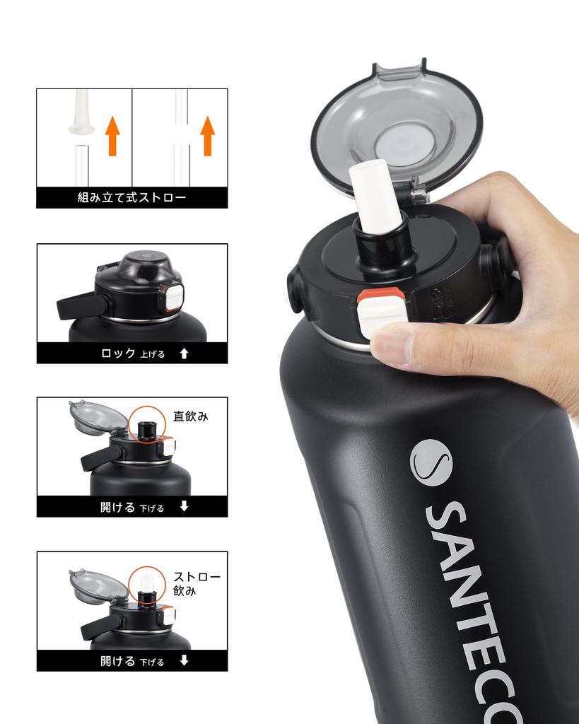 SANTECO Vacuum Insulated Water Large Keeps Drinks Cold or Includes Compatible with Direct Drinking Sports Stylish Stainless Steel Dark Black Bottle,