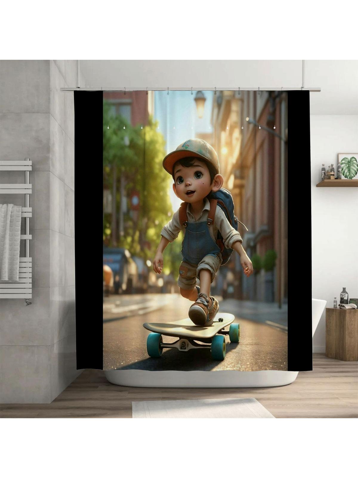 

Skateboarding Boy Shower Curtain | Urban Style Bathroom Decor W60H190(CM)-1 Pcs