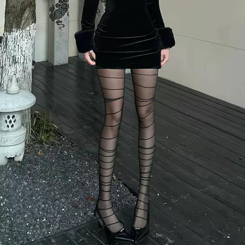 Irregular Striped Tights Women Sexy Lingerie Thigh High Stockings Pantyhose Y2k Girls High Waist Body Stockings Pantyhose Tights