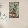 Rustic Metal Wall Art, Vintage Barn Wood Style Floral Rabbit Sign for Home Garden Decor