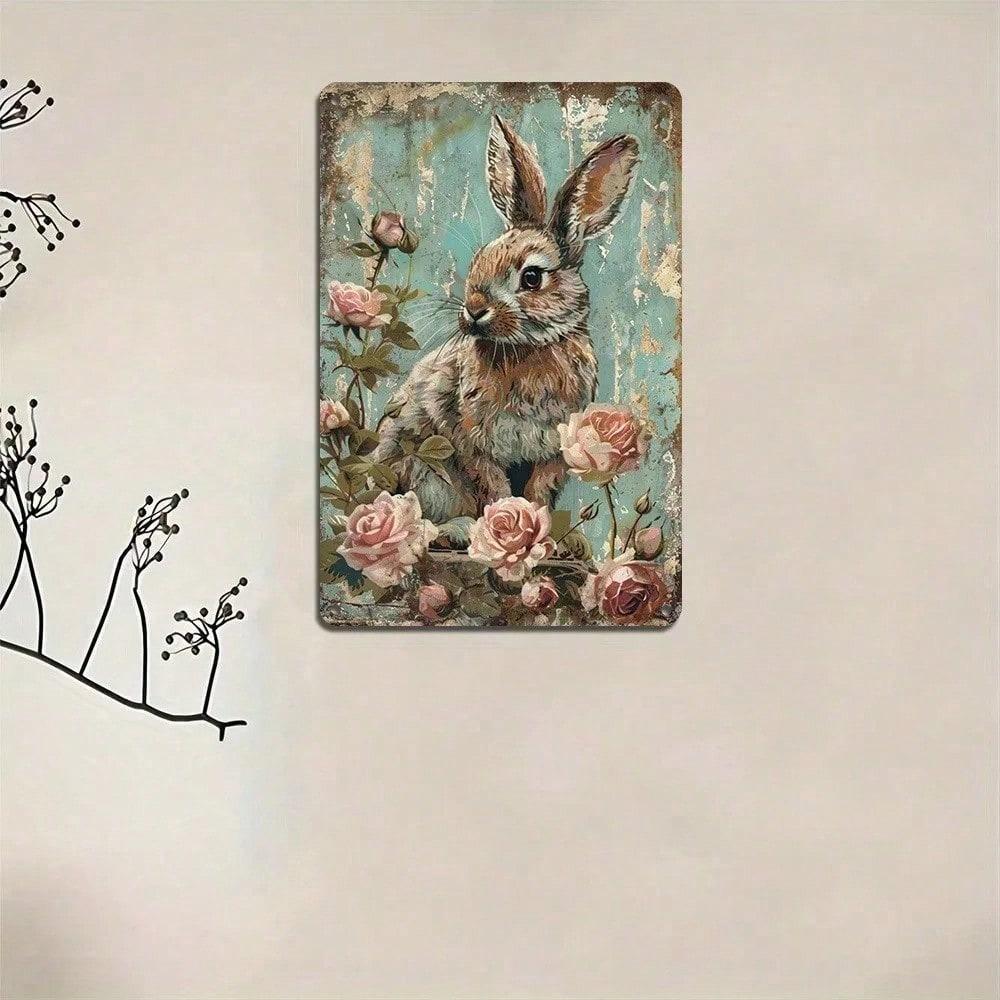 Rustic Metal Wall Art, Vintage Barn Wood Style Floral Rabbit Sign for Home Garden Decor