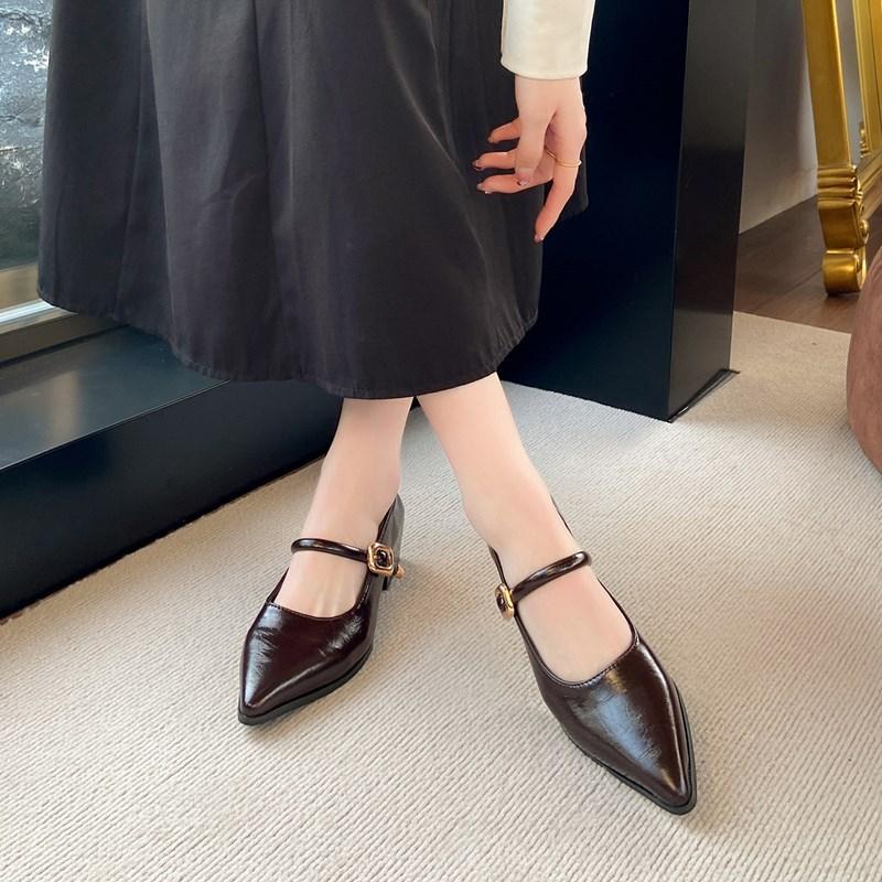 Fashion 2025 Solid Color Classic Pointy Low-cut Shoes Women's Spring Autumn Plus Size Fashion Retro Shallow-mouthed Mary Jane High Heels