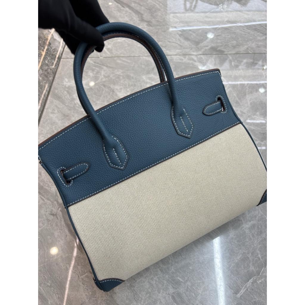 2026 new first-layer lychee pattern cowhide with linen canvas platinum bag genuine leather handbag European and American messenger bag bag