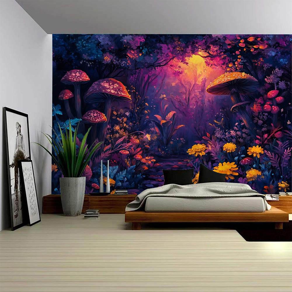 Tapestry, Psychedelic Forest Mushrooms, Room Decoration, Starry Sky, Plants, Cartoons, Bedroom Art Decoration Wall Hanging Cloth