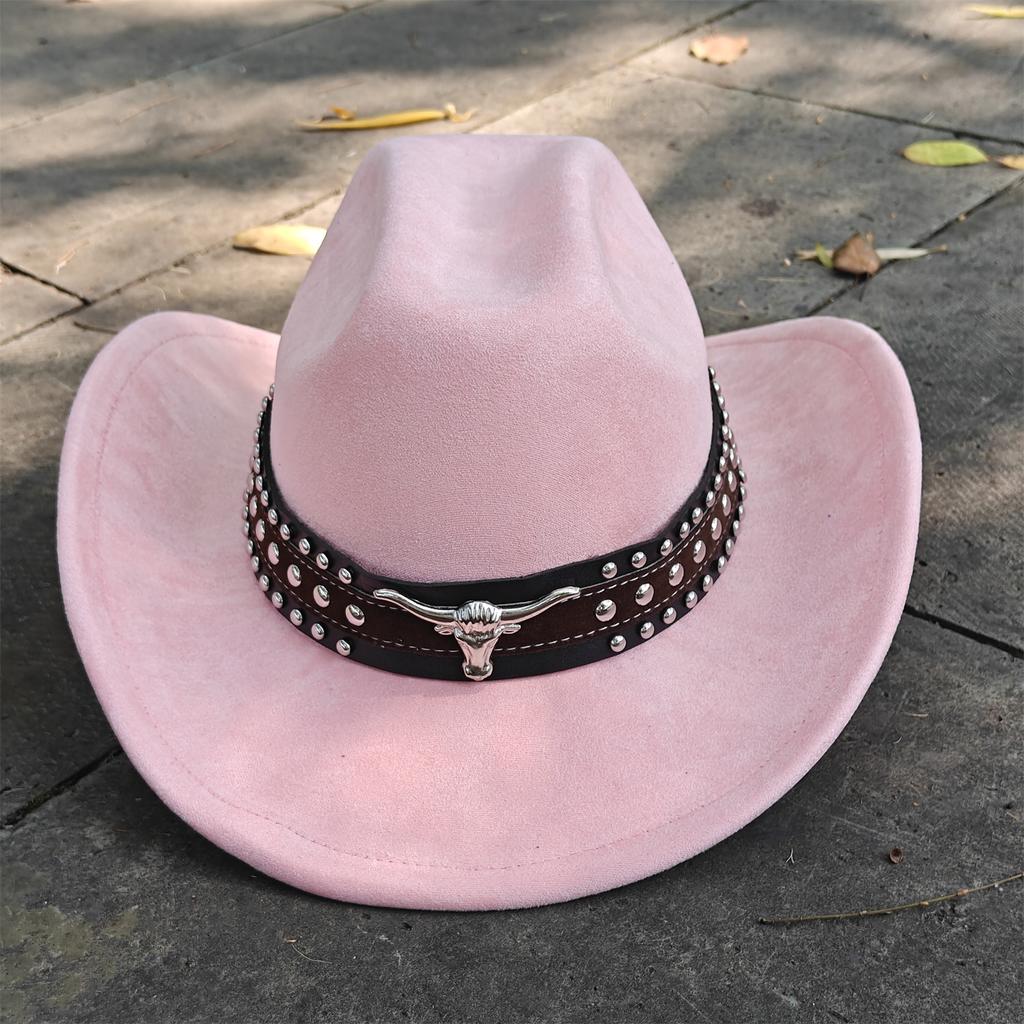 Retro Suede Leather Western Cowboy Fedora Hat For Men Women Bull Head Accessories Fashion Travel Party Hat Denim Hat Sombrero