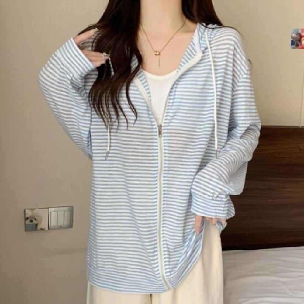 Navava Women Thin Striped Long Sleeve Hoodie Zip Up Nc384