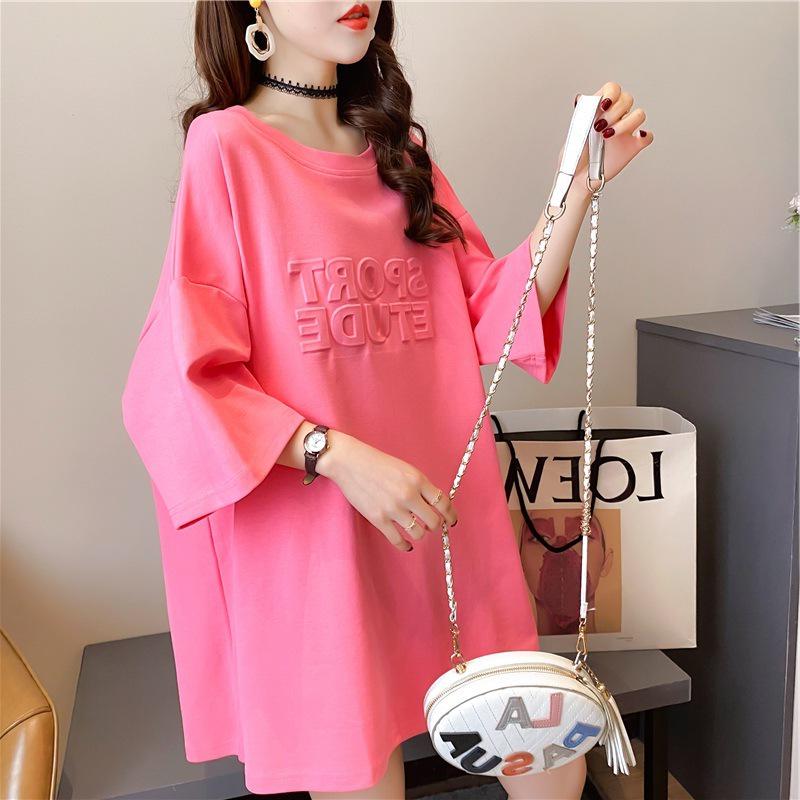 Women's European-Style Oversized 3D Letter T-Shirt with Round Neck & Half Sleeves for Summer 2026