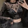 Horn Sleeve Design Long Sleeved Mesh T-shirt Women's Summer Spicy Girl Butterfly Print Short Top