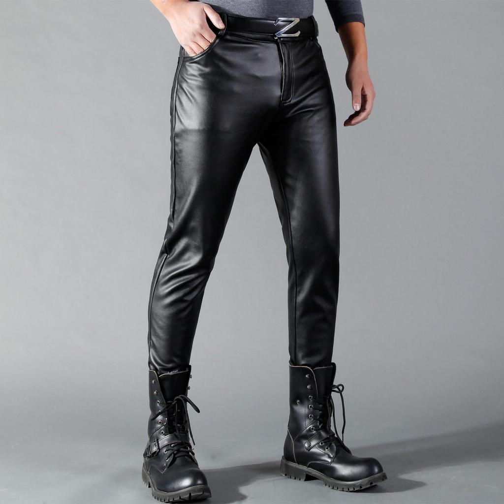 Men's Leather Pants Skinny Fit Elastic Fashion PU Leather Biker's Trousers Nightclub Party Dance Pants Thin