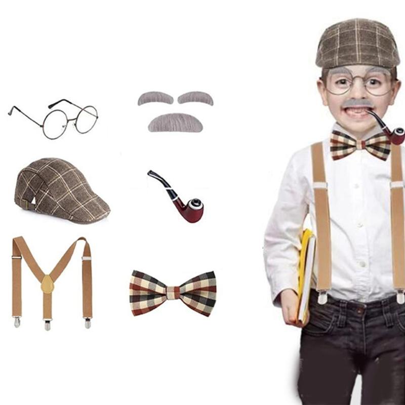 Old Man Costume Set, Grandpa Costume Accessories Including  Fake Beard Eyebrows Hat Eyeglasses for Kid Halloween Cosplay