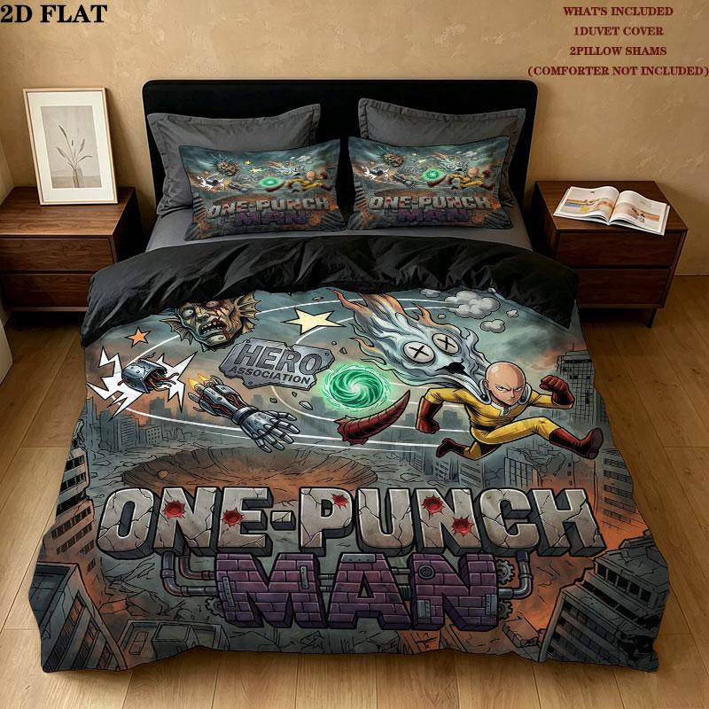 סט מצעים ושמיכה עם הדפס One Punch Man כיסוי שמיכה ציפית לציפית מתנת יום הולדת לבית(1 * כיסוי שמיכה + 2 * ציפות, ללא ליבה)