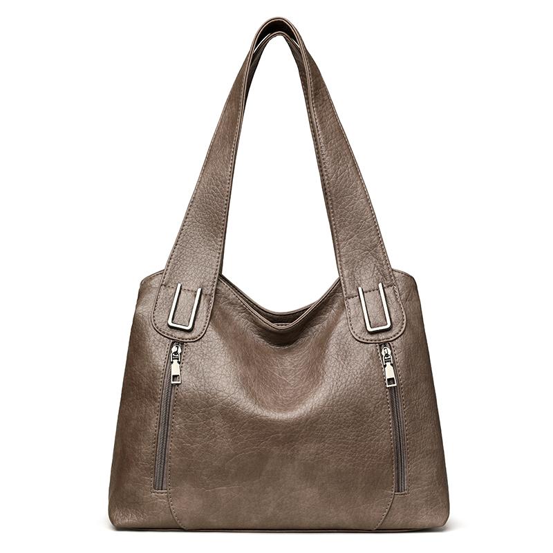 Large Capacity Leather Tote Bag for Women Vintage Shoulder Handbag with Zip Pockets