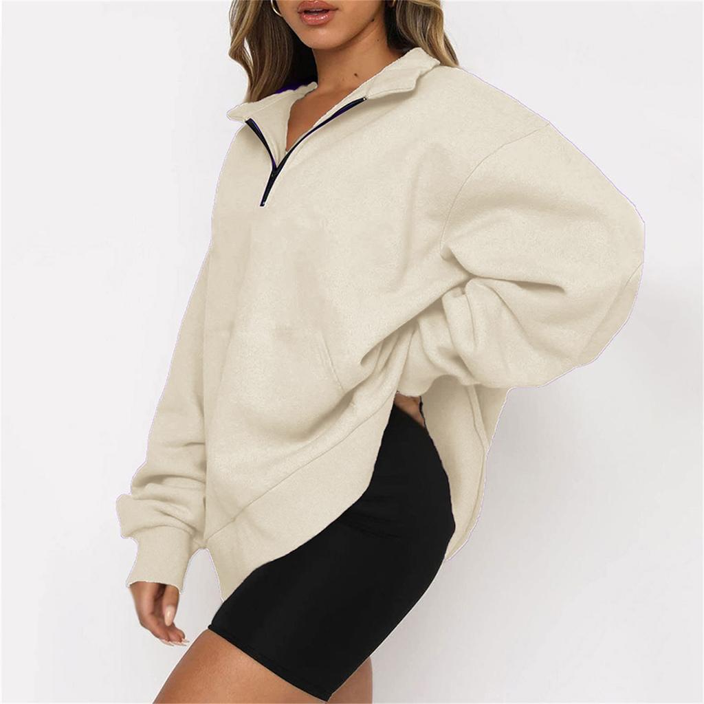 Women's Casual Fashion Long Sleeve Solid Color Zipper Pocket Sweatshirt Top