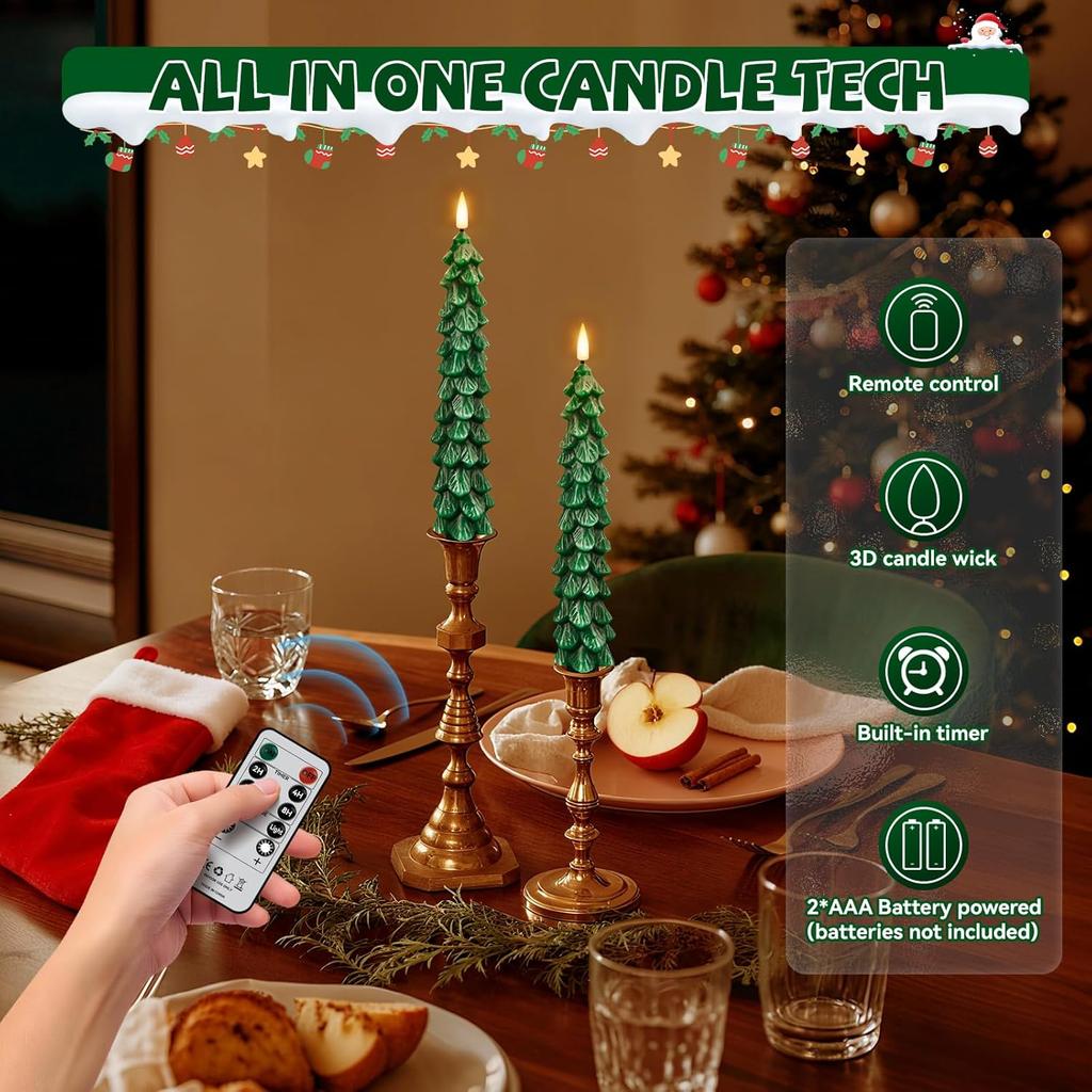 4 Pack Flameless Christmas Tree Candles with Remote, 9.8” LED Battery Operated Taper Candles, Green 3D Flickering Candlesticks for Holiday Home