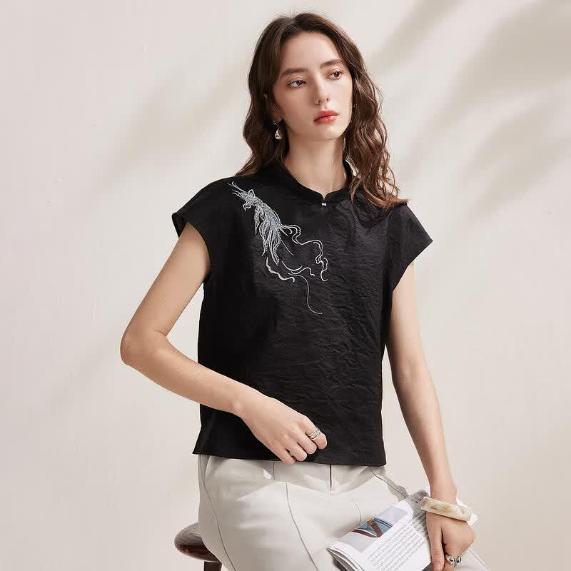 New Chinese Style Mulberry Silk Koi Embroidered Short Sleeve Top
