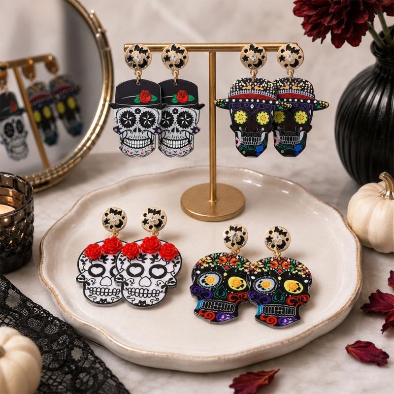 Halloween Acrylic Skull Drop Dangle Earrings Pair, Statement Jewelry for Party Outfits, Costume Wear and Seasonal Styling