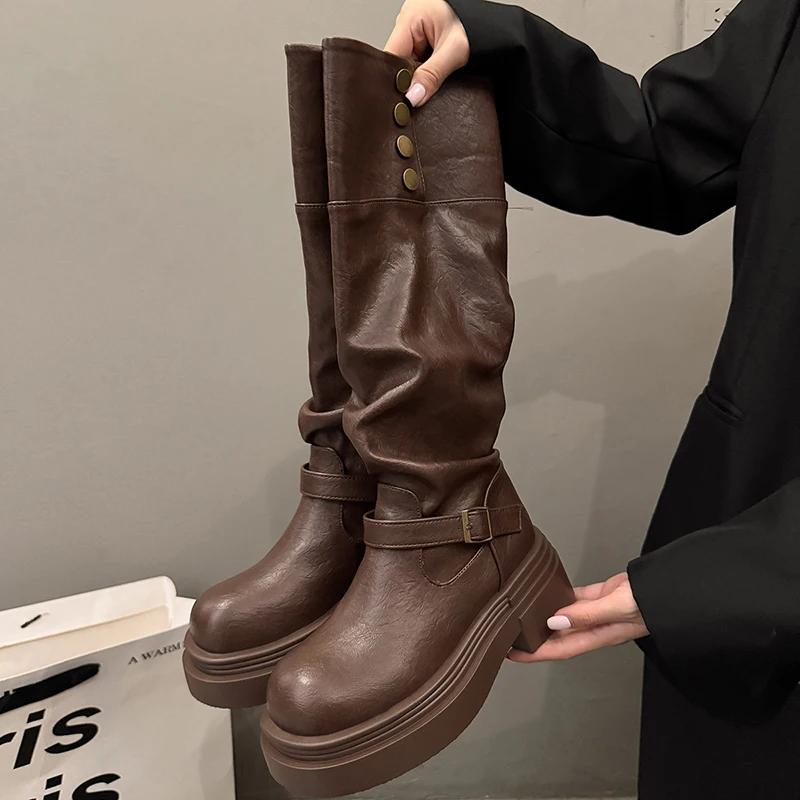 

Винтажные женские сапоги до колена Осень Зима Женские повседневные на толстом каблуке Рыцарские длинные боты Обувь для женщин 40