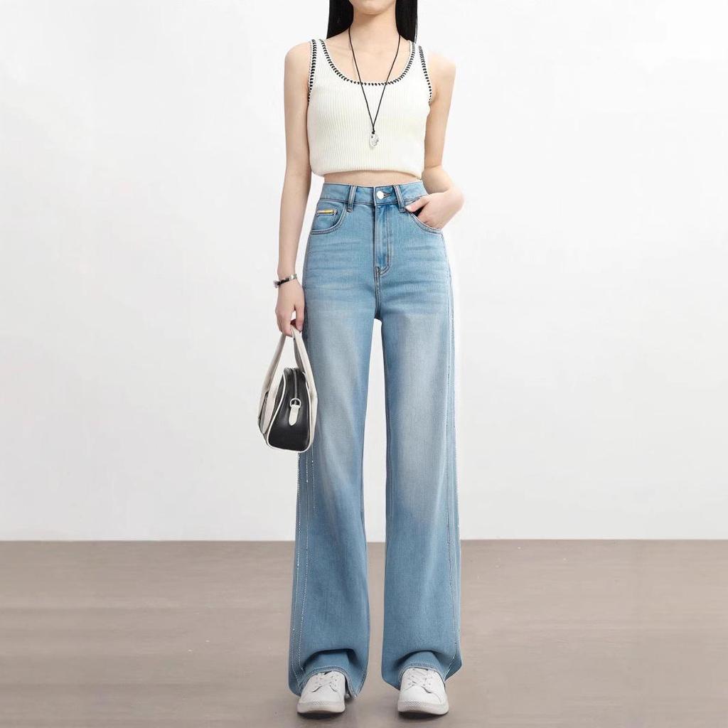 Li Shaonü Women's High-Waisted Rhinestone Wide-Leg Jeans, 2026 Summer Loose Slimming Drape Straight Pants