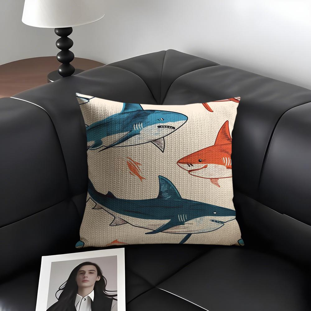 Shark Fashion Cushion Cover Natural Linen Organic Fabric DoubleSided Printing Sofa Home Decor Gift Pillow Case