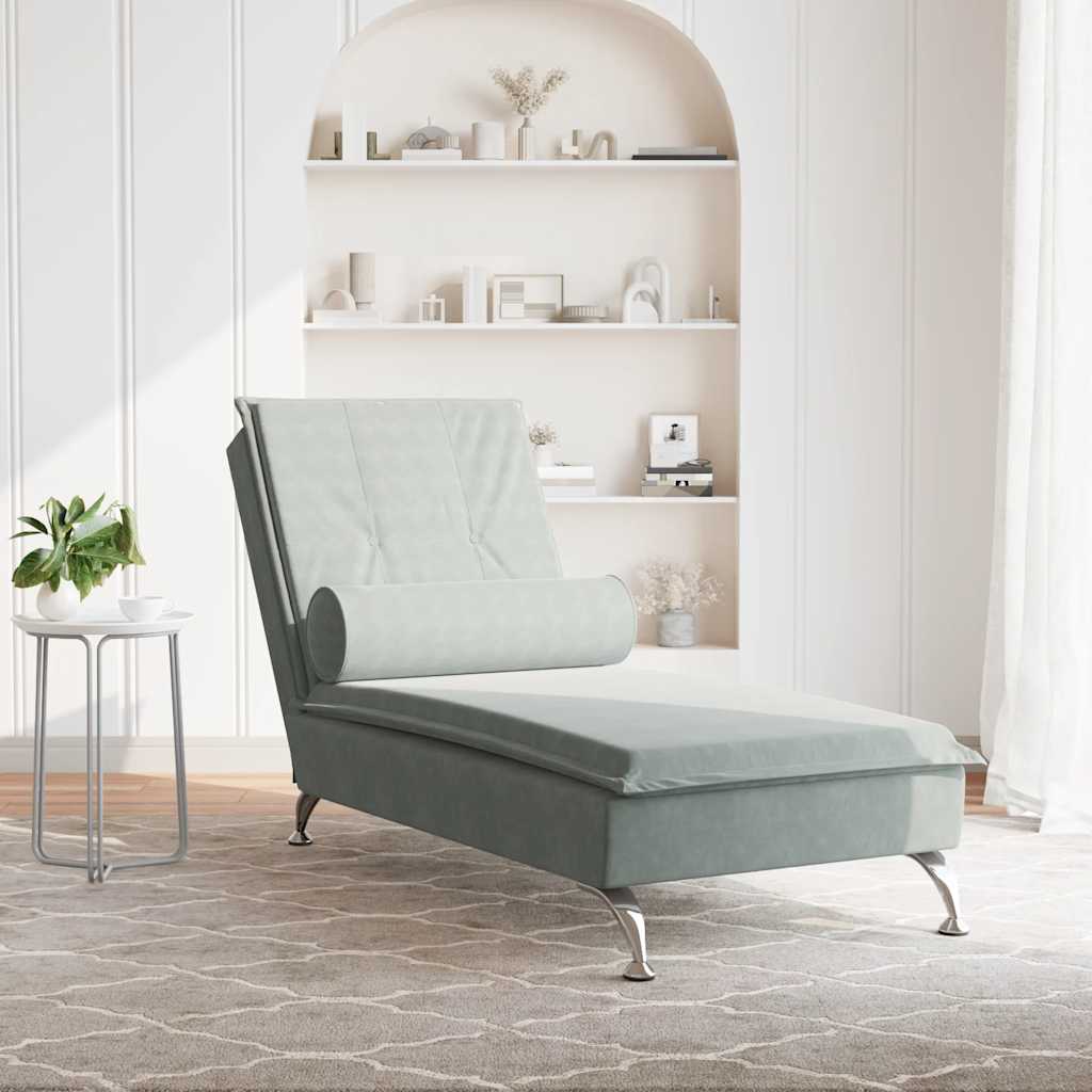 Massage Chaise Lounge with Neck Roll Light Grey Velvet