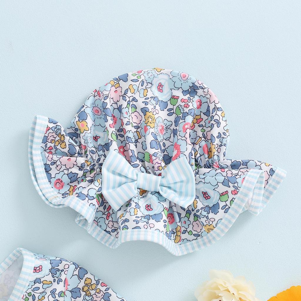 Baby Girl Rash Guard Swimsuit Long Sleeve Floral Print Bathing Suit Infant Swimwear with Bowknot Sun Hat