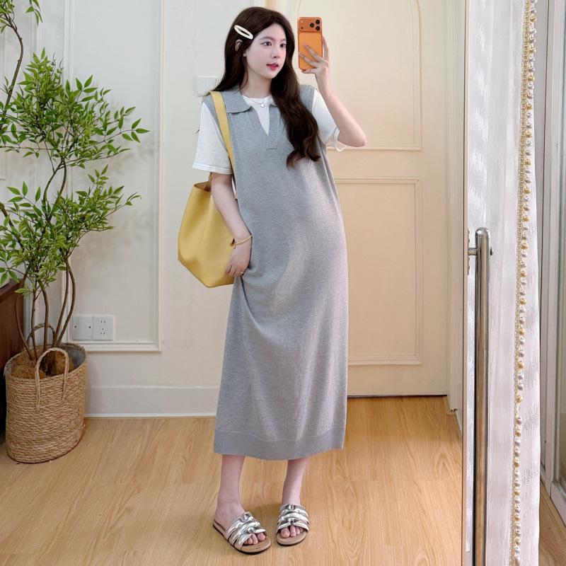 Stylish Maternity Chic Summer Mid-Length Thin Fake Two-Piece Dress for Trendy Moms Extra Large