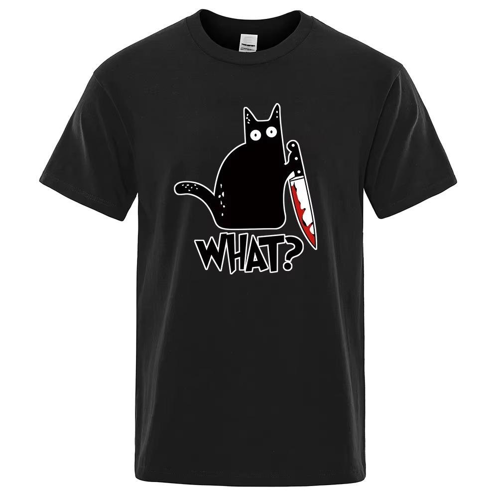 WHAT? Knife Cat Print Men's Women T-Shirt Anime Graphics Harajuku Oversized TShirts Casual Loose Casual Male Tees Tops Clothing
